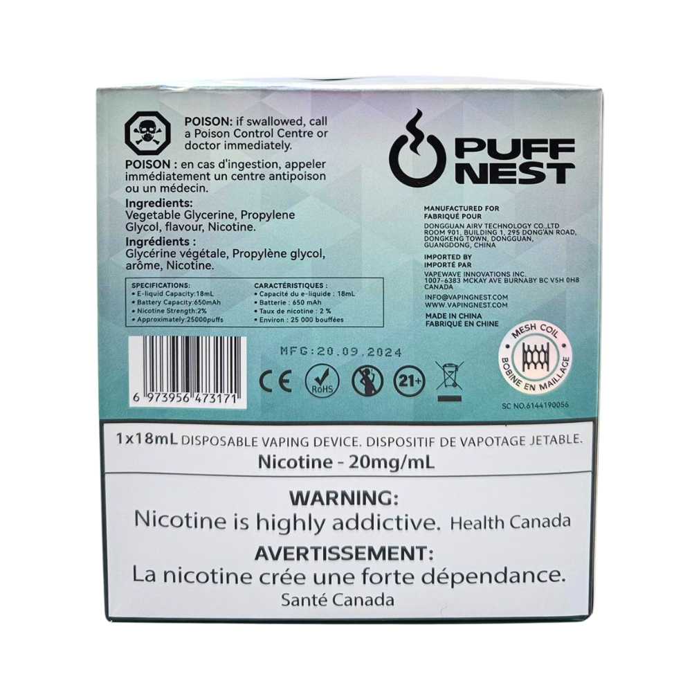 PUFF NEST 25000 PUFFS Cool Mint Disposable Vape - 18 mL, 2% Nicotine 3 PUFF NEST 25000 PUFFS Cool Mint Disposable Vape - 18 mL, 2% Nicotine - Image 3