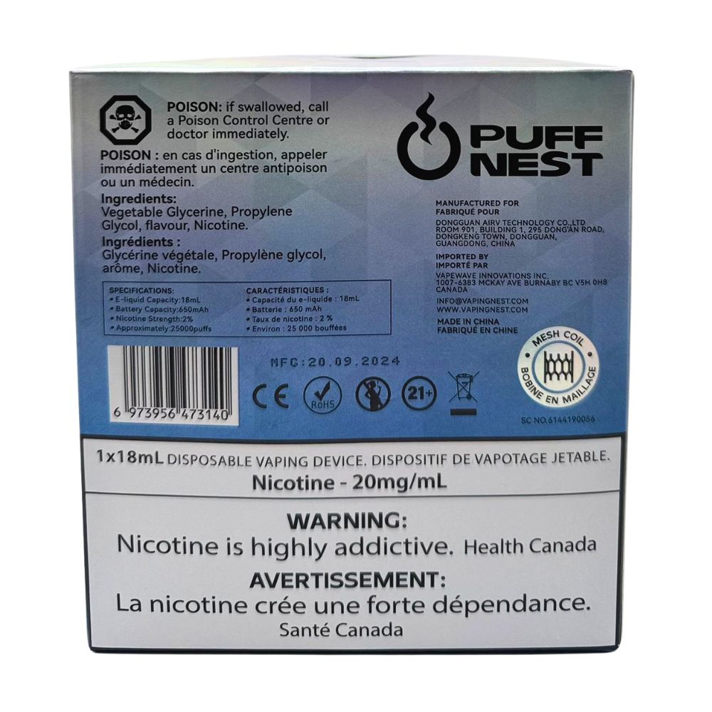 PUFF NEST 25000 PUFFS Ice Blue Raspberry Disposable Vape - 18 mL, 2% Nicotine 3 PUFF NEST 25000 PUFFS Ice Blue Raspberry Disposable Vape - 18 mL, 2% Nicotine - Image 3